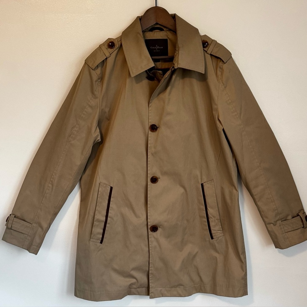 Cole Haan Men's Trench Rain Coat Caramel Tan w Brown Leather Trim Sz M